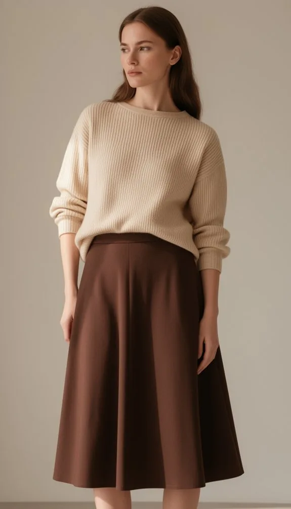 beige sweater chocolate skirt