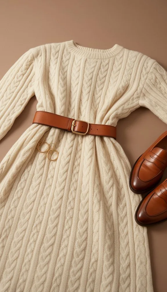 belted cable knit dress ensemble