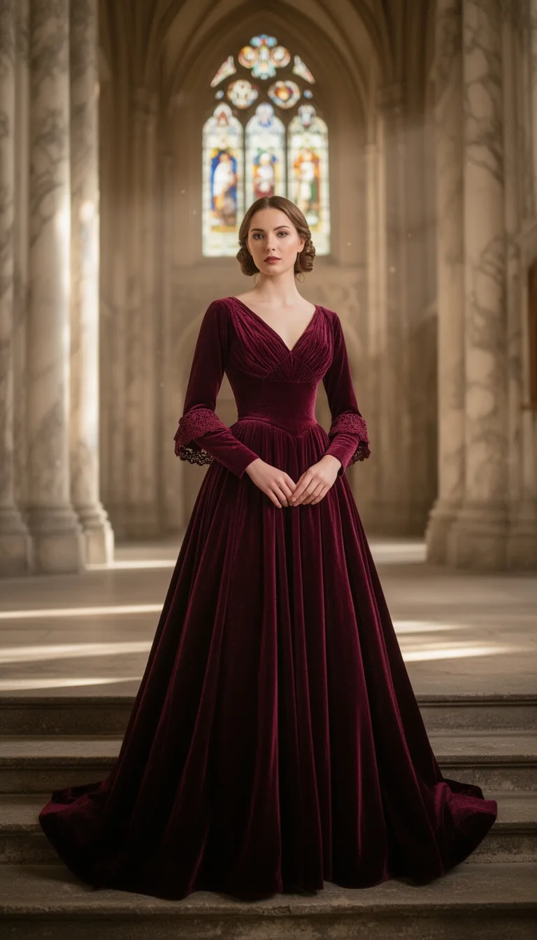 burgundy gathered waist velvet gown