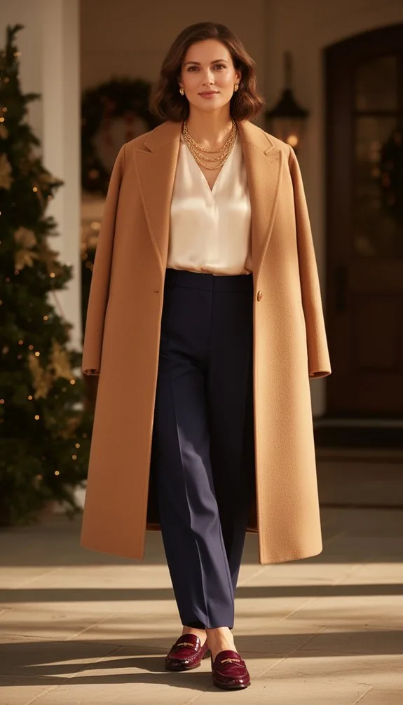 camel coat plaid trousers