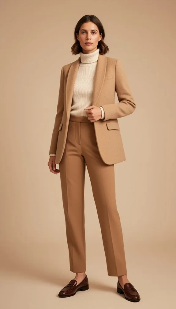 cream turtleneck camel blazer
