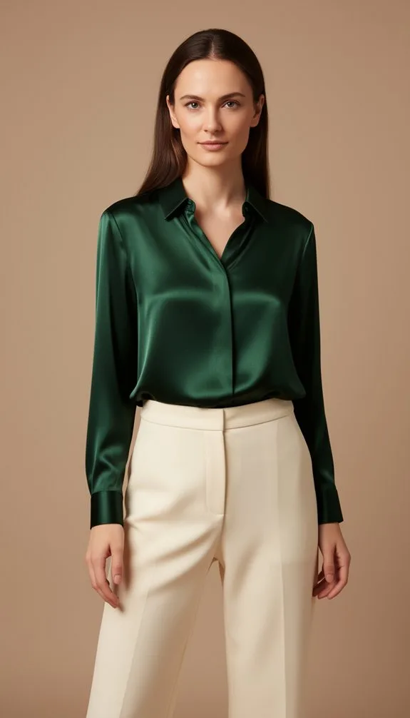 dark green satin cream trousers