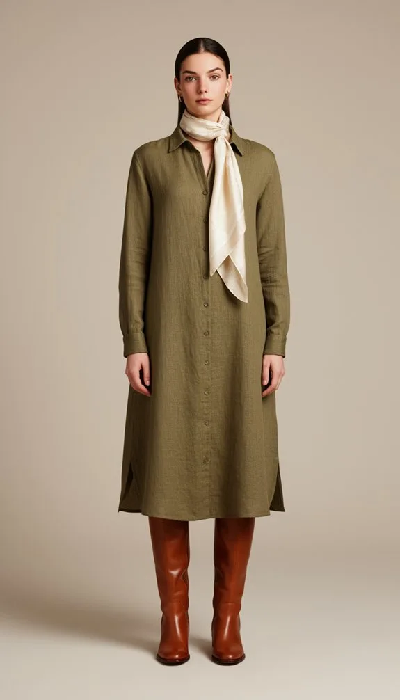 olive shirt dress ensemble