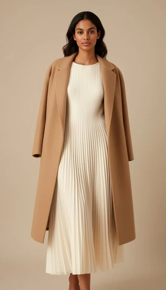 pleated midi camel coat