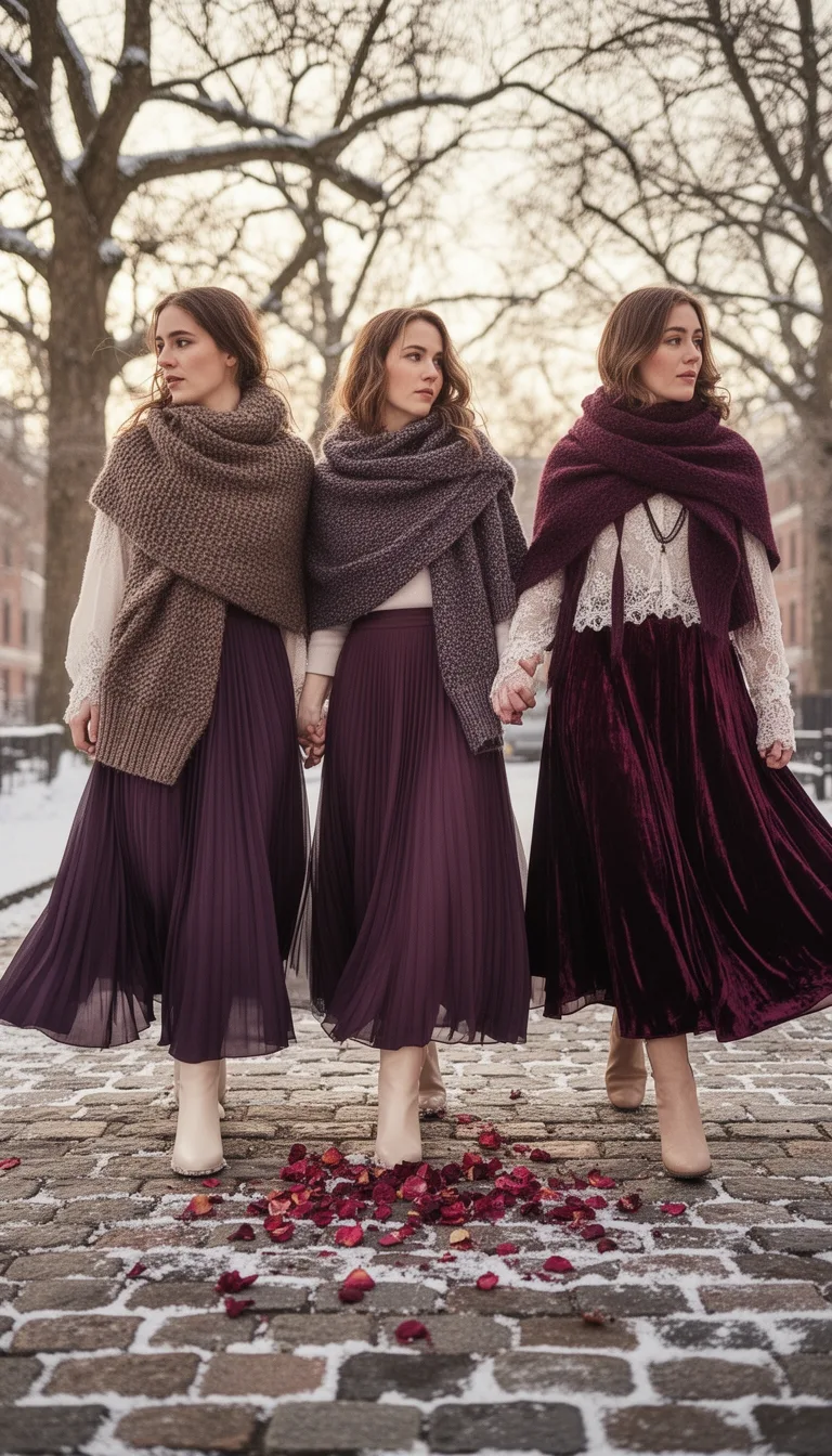 plum pleated midi with boots