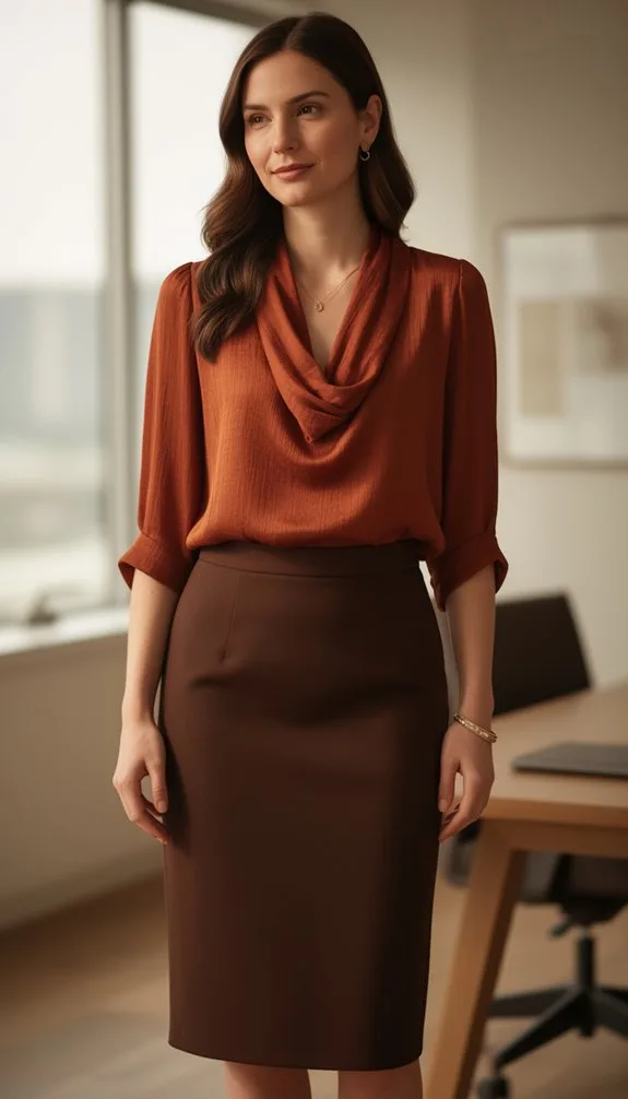 rust blouse chocolate skirt