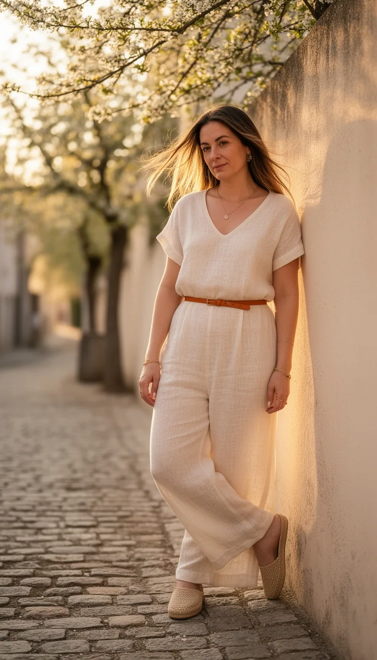 cinched waist pastel linen jumpsuit