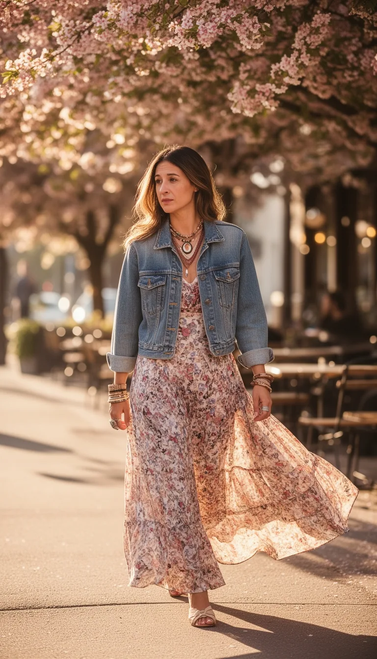 cropped denim flowing maxi