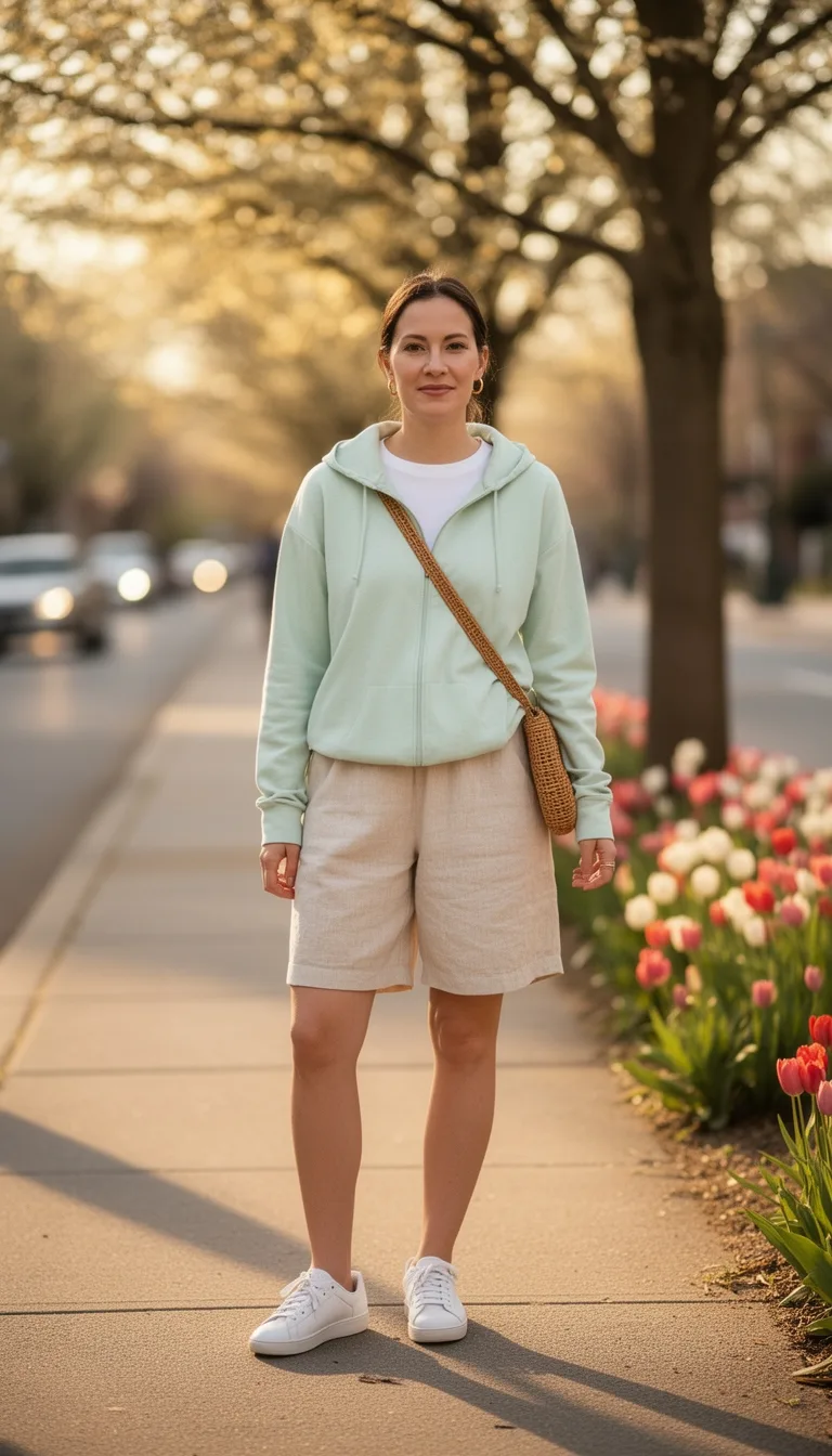 pastel hoodie with relaxed shorts