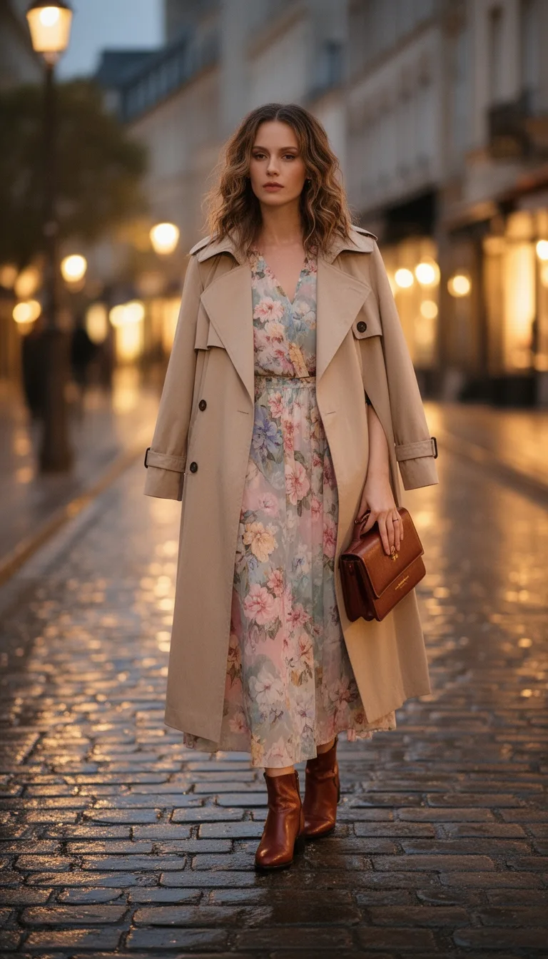 trench over floral dress