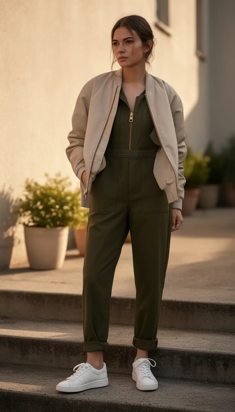 utility jumpsuit bomber sneakers
