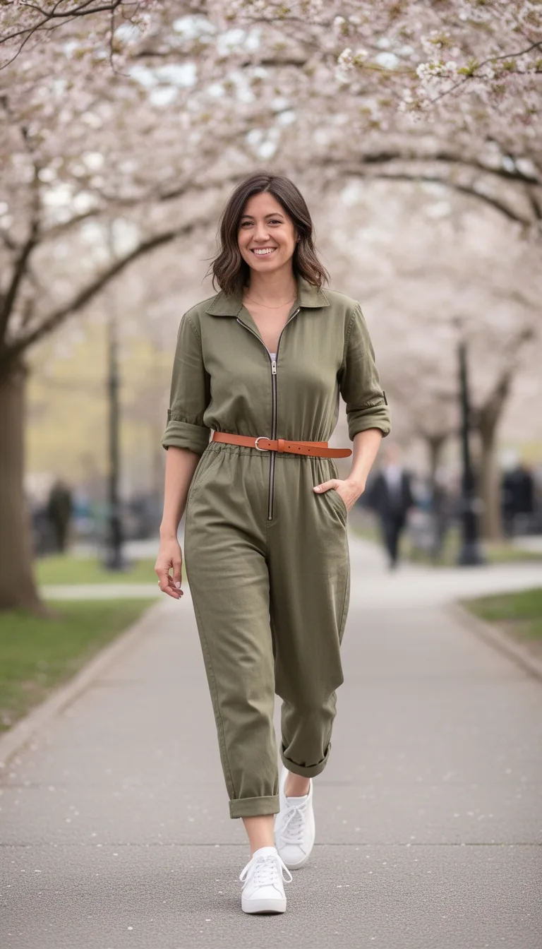 utility jumpsuit with sneakers