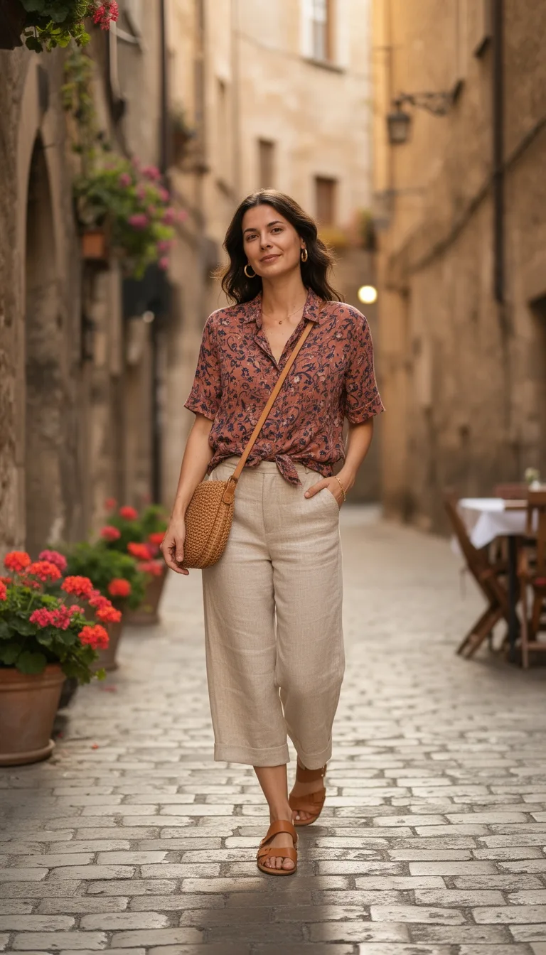 patterned shirt neutral capris