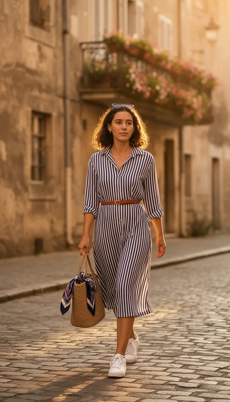 striped dress with white sneakers
